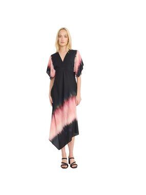 Luxely Black & Pink Tie-Dye Midi Dress With V-Neckline And Flutter Sleeves